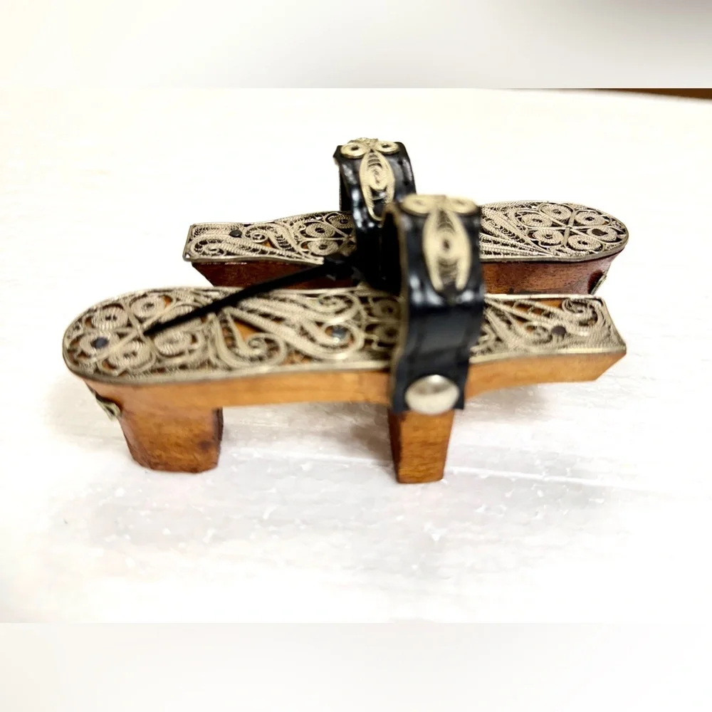 Vintage Wooden Miniature Sandals with Intricate Silver Detailing